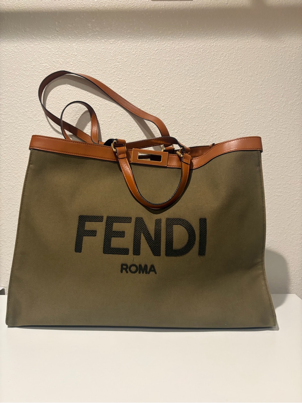 Fendi Olive Green Canvas Tote with Tan Leather Trim